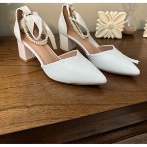 White Women's Heels with Pearl Ankle Strap